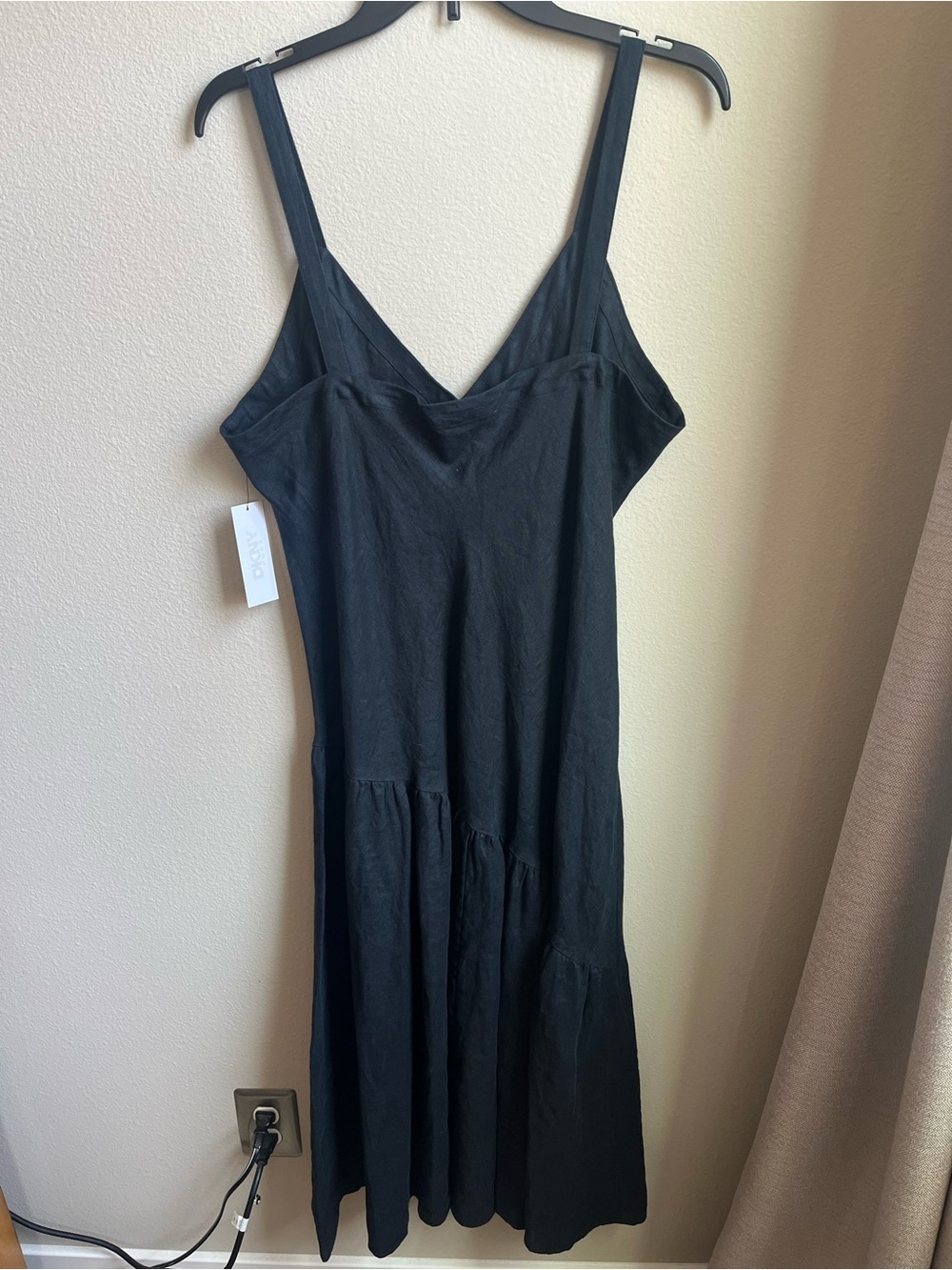 DKNY Sleek Black Linen Maxi Dress w/Asymmetric Ruffle Minimalist Preppy Classic - Picture 3 of 5